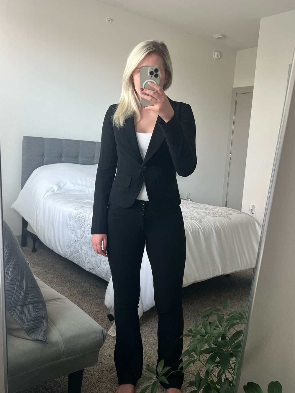 Black Pantsuit Set: Tailored Blazer & Flare Trousers Size XS